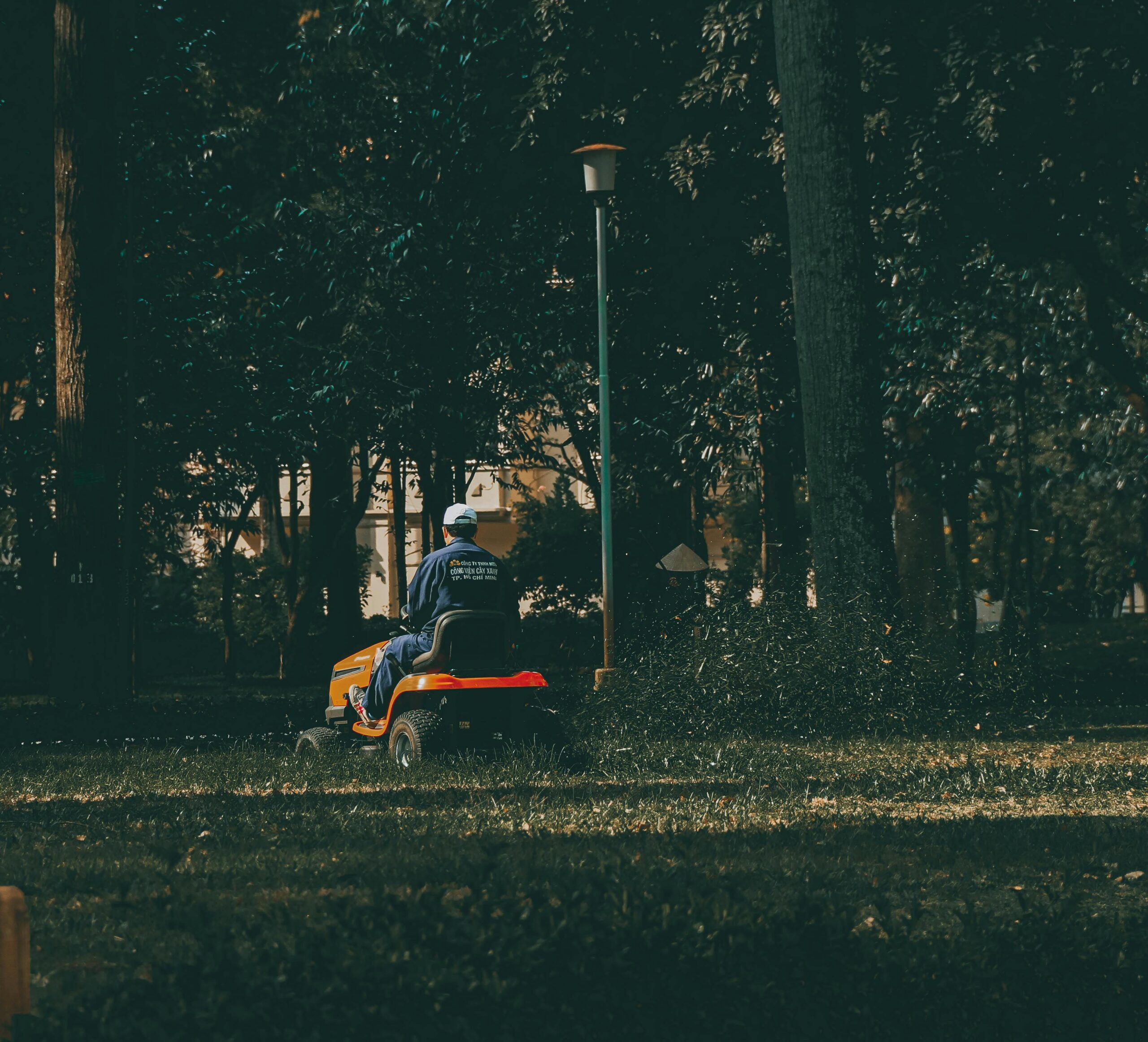A man in coveralls operates a lawn mower in a verdant park setting, surrounded by lush trees and grass.